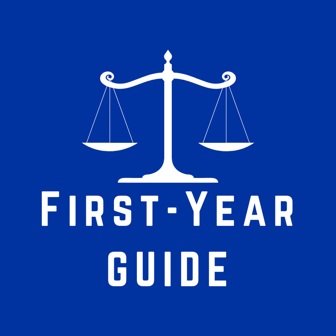 blue logo for legal studies major, image is a drawing of scales of justice above text that reads "first year guide"